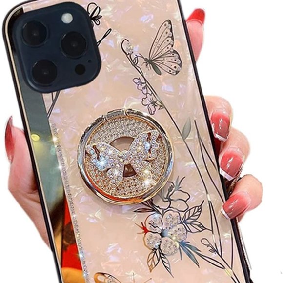 iPhone 12 Pro Max Cute Glitter Floral Butterfly Design w Ring Stand Diamond Case - Picture 4 of 6
